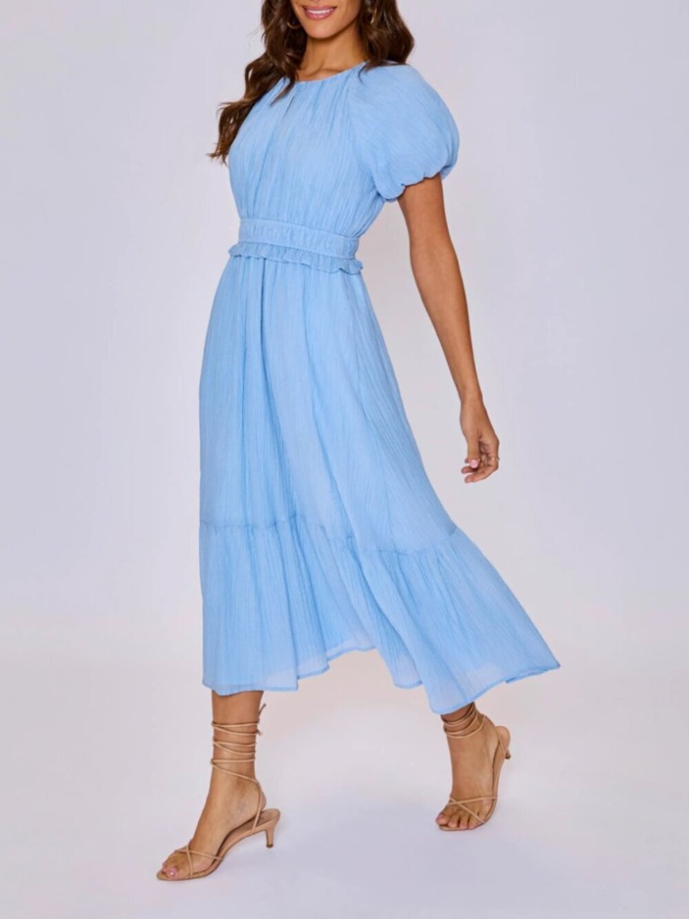 Vici Collection Briar Puff Sleeve Midi Dress Blue Ruffled Tiered Womens Size S